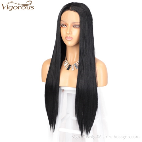 Vigorous Top Quality High Temperature Long Silky Straight Black Wigs Middle Part Lace Frontal Wigs For White Women Wholesale